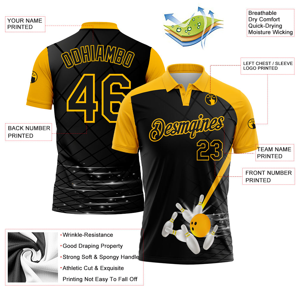 Custom Black Gold 3D Pattern Design Bowling Performance Polo Shirt