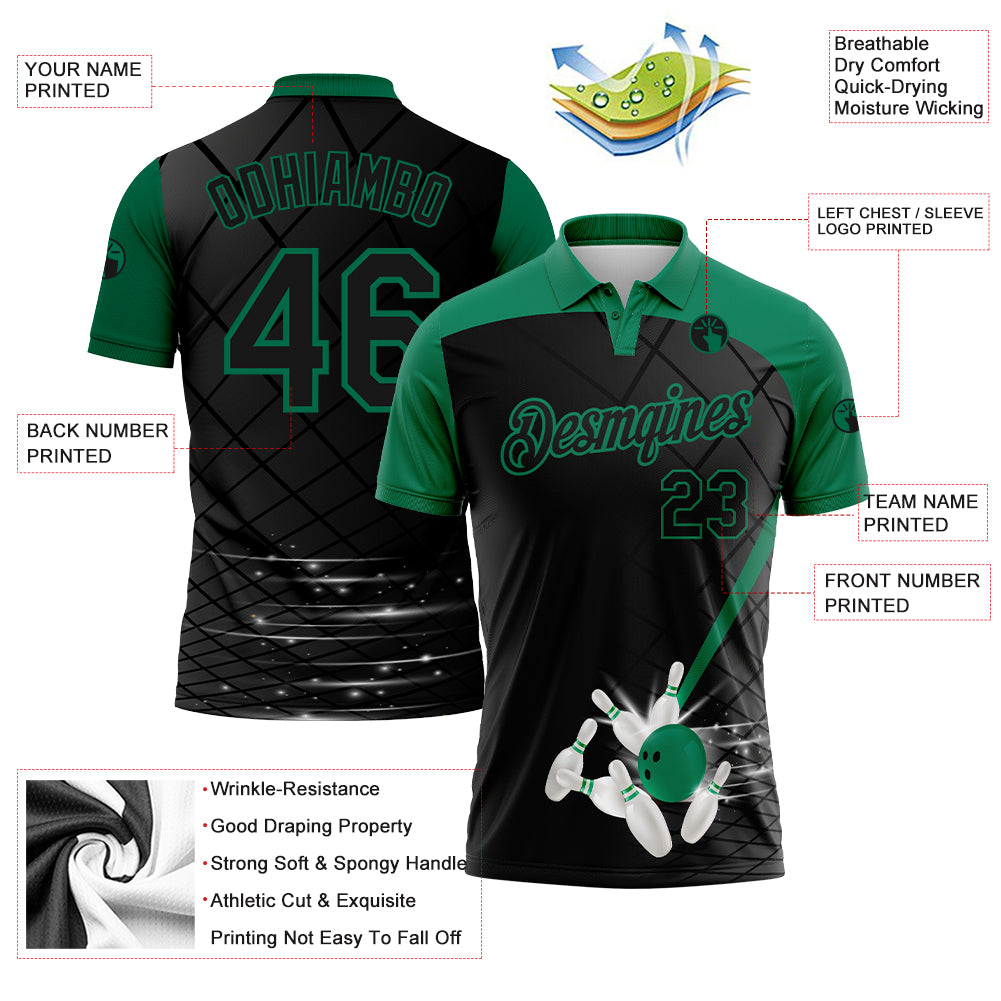 Custom Black Kelly Green 3D Pattern Design Bowling Performance Polo Shirt