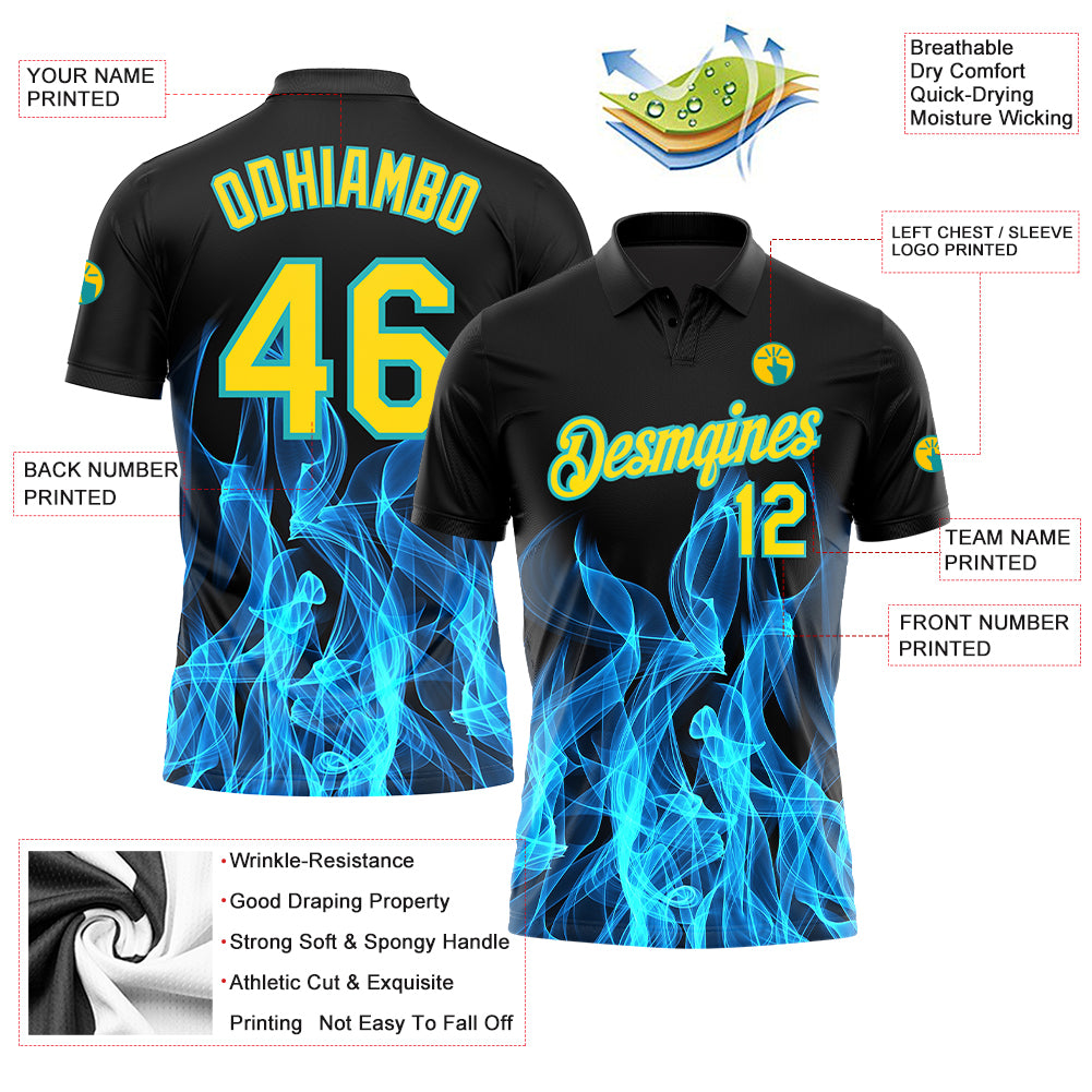 Custom Black Yellow-Teal 3D Pattern Design Flame Performance Golf Polo Shirt