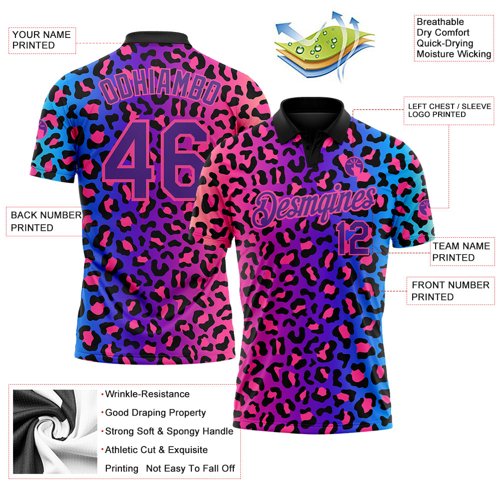 Custom Pink Purple-Black 3D Pattern Design Leopard Print Performance Golf Polo Shirt