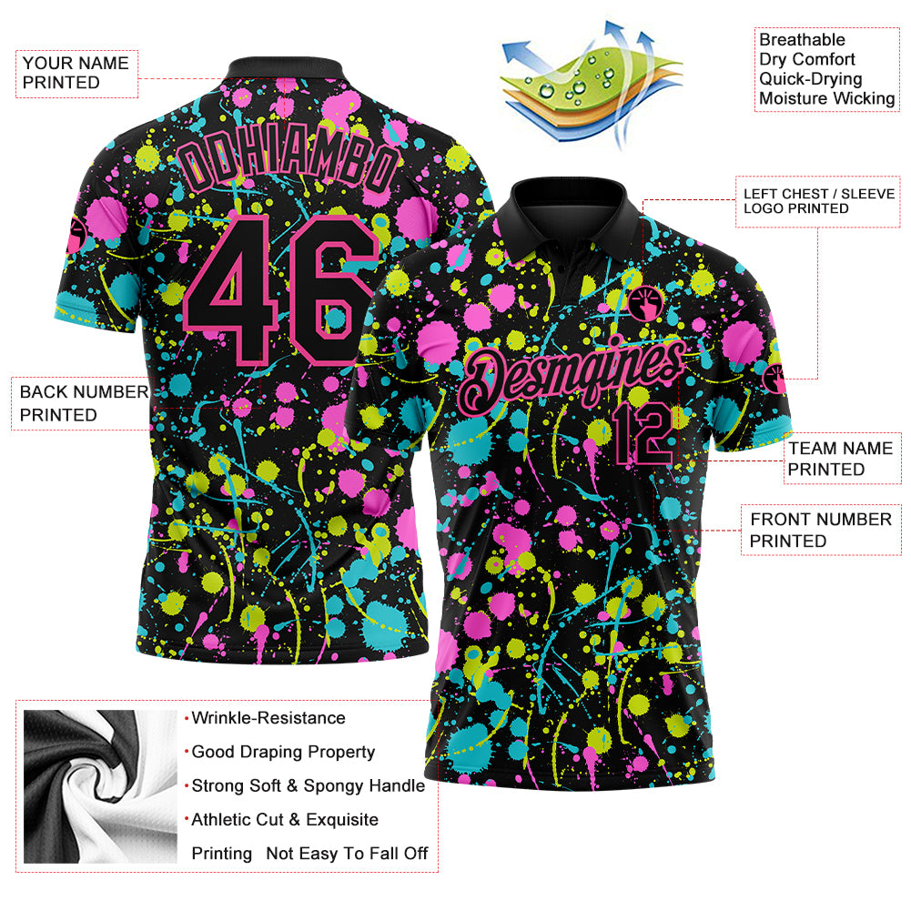 Custom Graffiti Pattern Black-Pink 3D Neon Splatter Performance Golf Polo Shirt