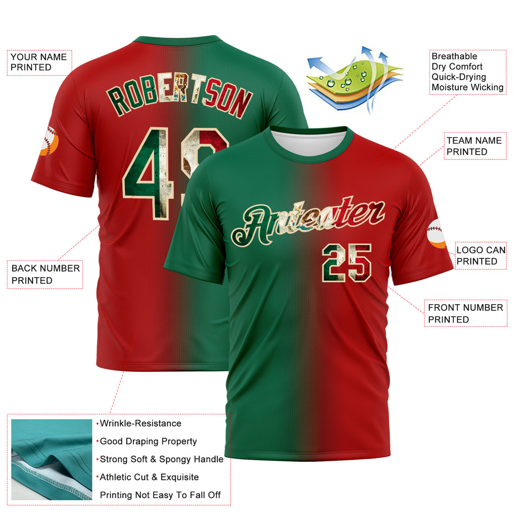 Custom Red Vintage Mexican Flag Kelly Green-City Cream Gradient Fashion Performance T-Shirt