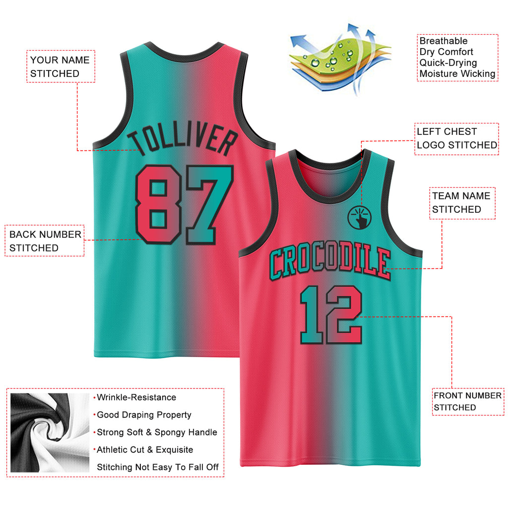 Custom Aqua Neon Pink-Black Authentic Gradient Fashion Basketball Jersey