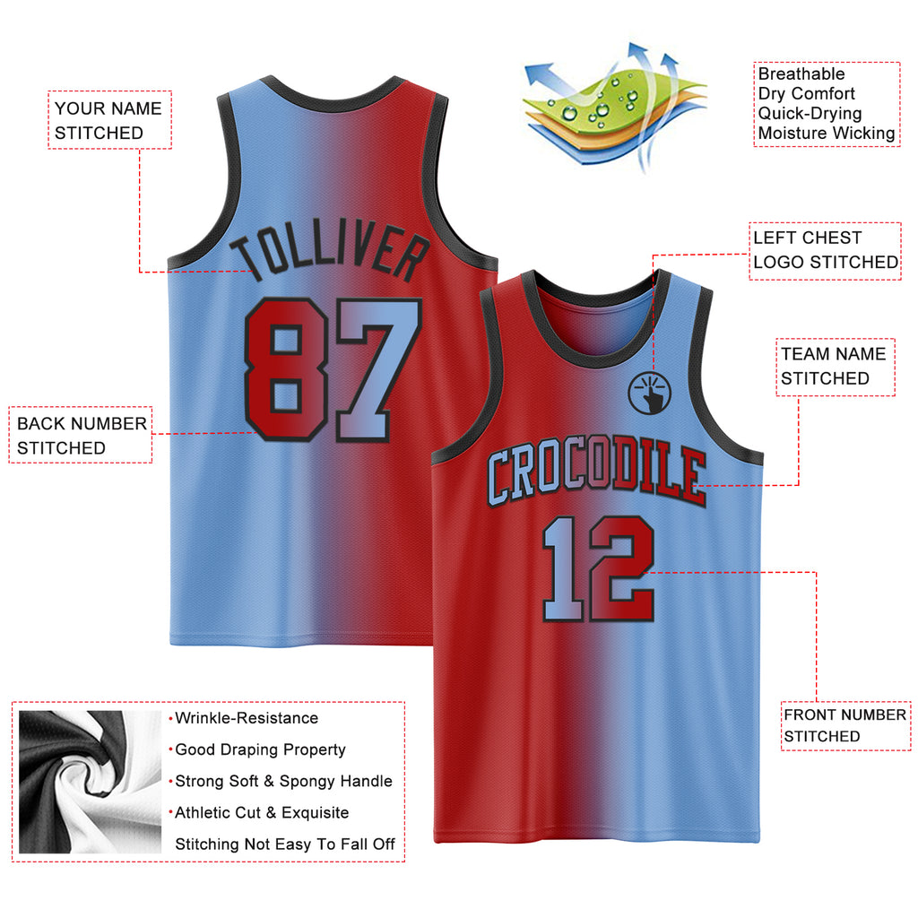 Custom Light Blue Red-Black Authentic Gradient Fashion Basketball Jersey