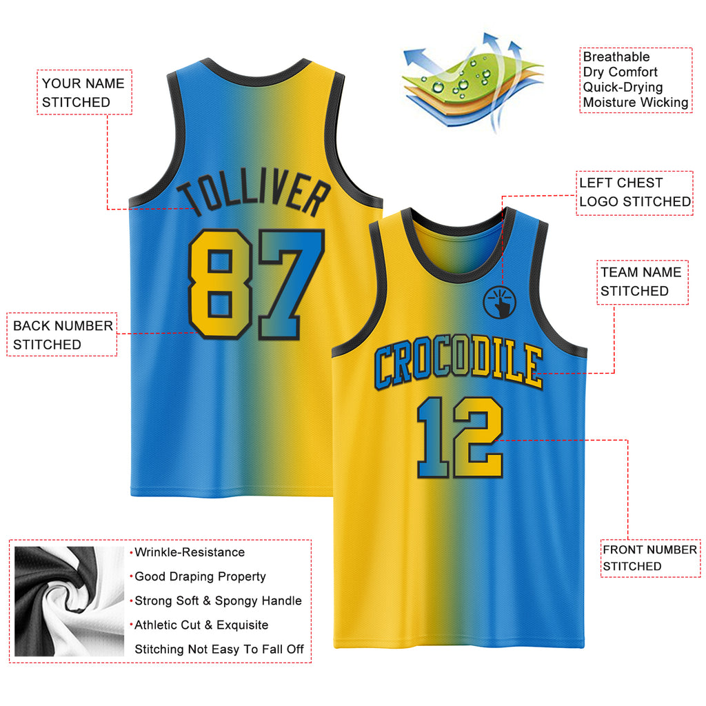 Custom Powder Blue Yellow-Black Authentic Gradient Fashion Basketball Jersey