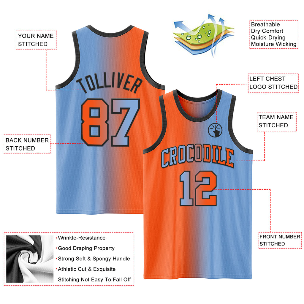 Custom Light Blue Orange-Black Authentic Gradient Fashion Basketball Jersey