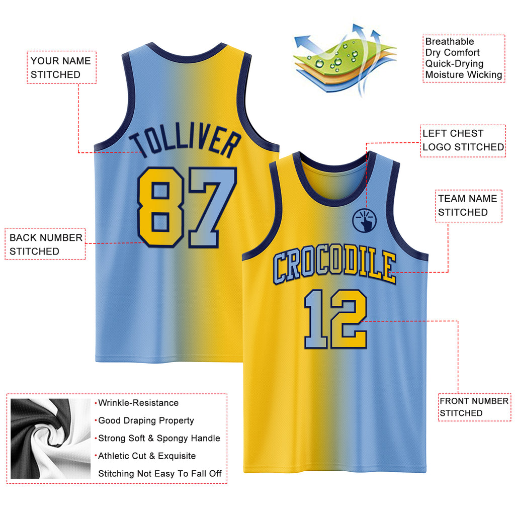 Custom Light Blue Yellow-Navy Authentic Gradient Fashion Basketball Jersey