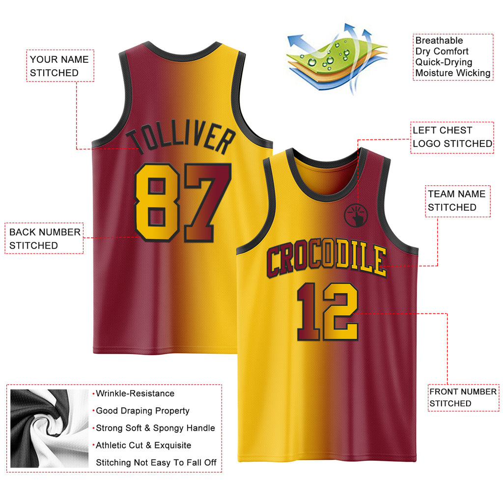 Custom Crimson Yellow-Black Authentic Gradient Fashion Basketball Jersey