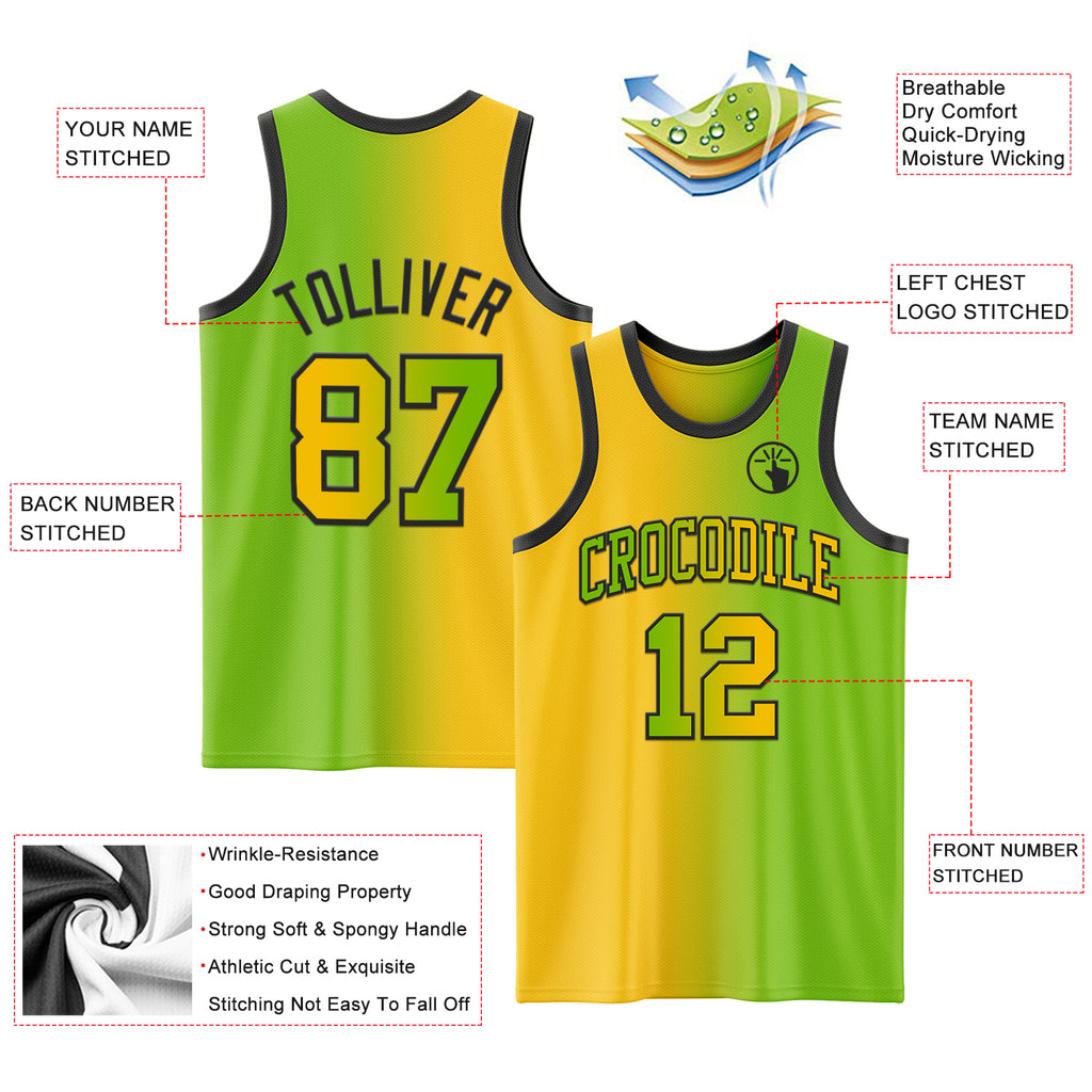 Custom Neon Green Yellow-Black Authentic Gradient Fashion Basketball Jersey