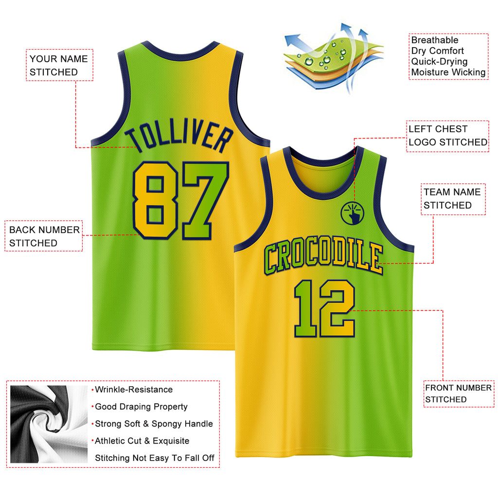 Custom Neon Green Yellow-Navy Authentic Gradient Fashion Basketball Jersey