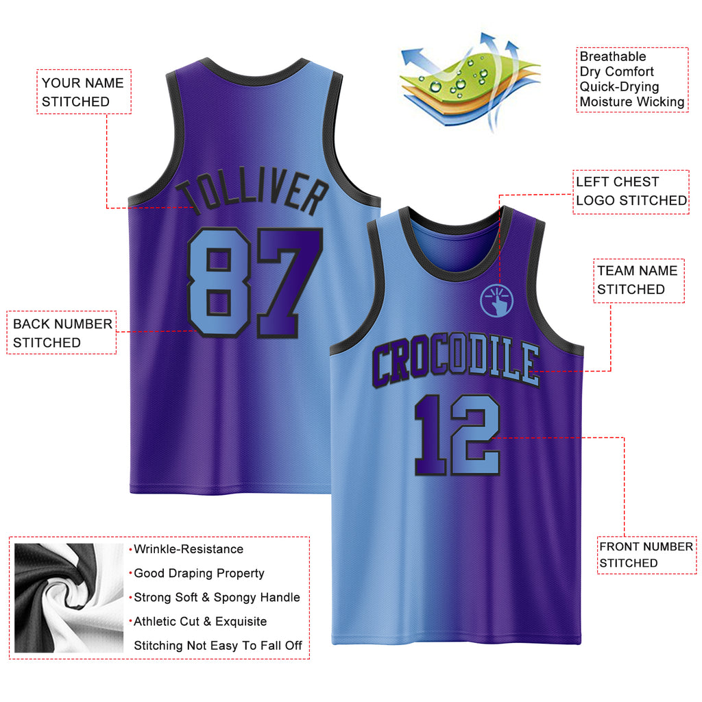 Custom Purple Light Blue-Black Authentic Gradient Fashion Basketball Jersey