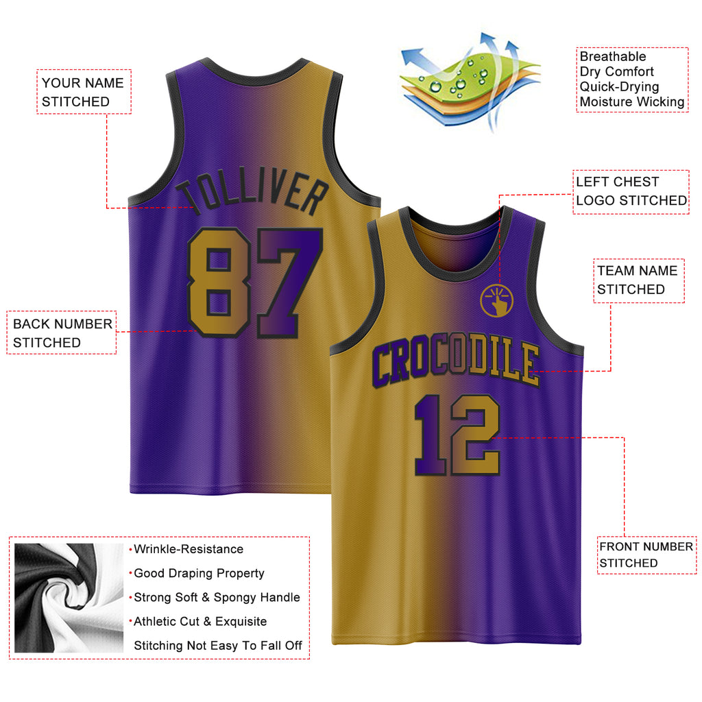 Custom Purple Old Gold-Black Authentic Gradient Fashion Basketball Jersey