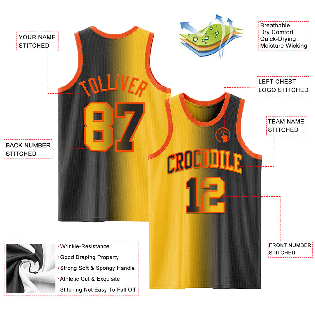 Custom Black Gold-Orange Authentic Gradient Fashion Basketball Jersey