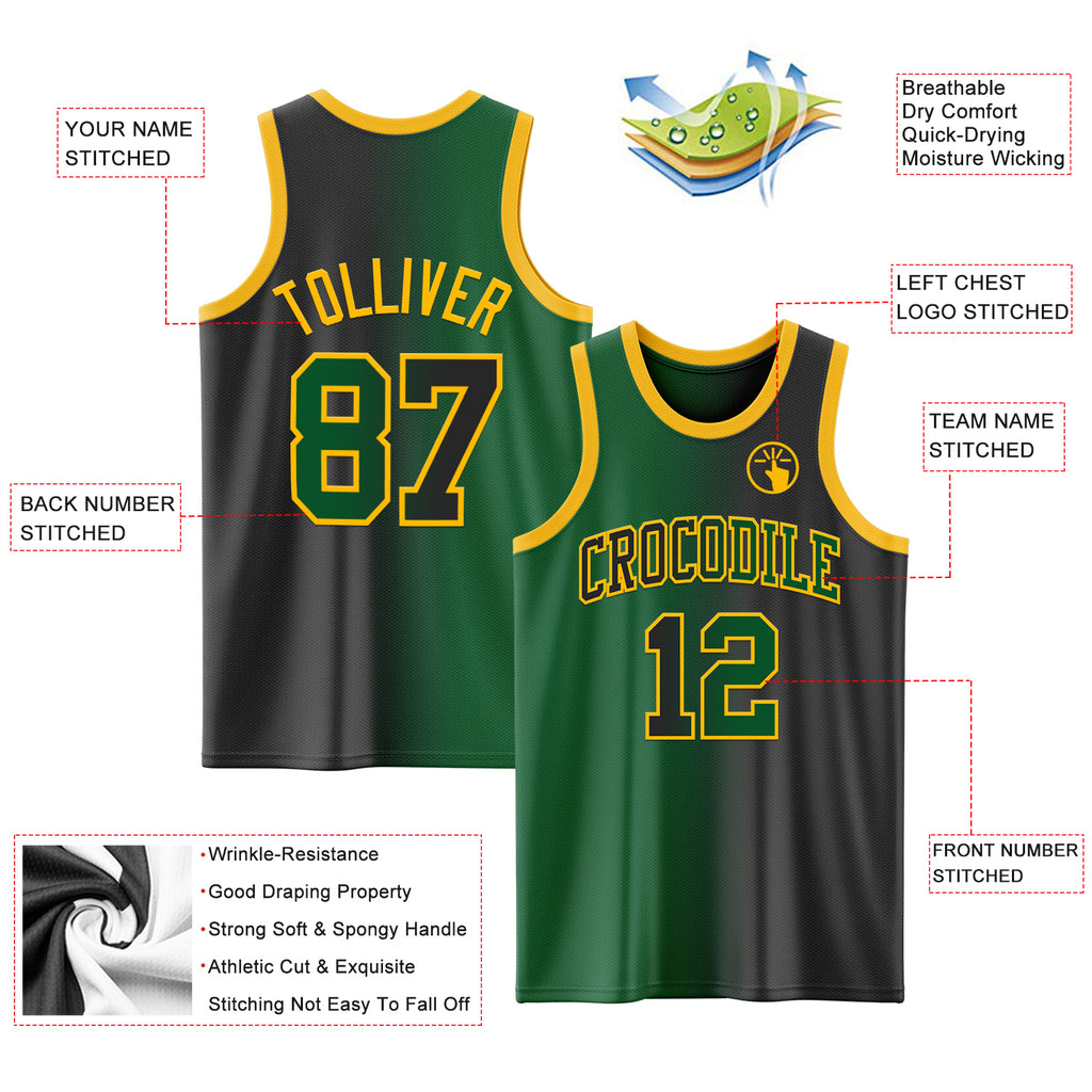 Custom Black Kelly Green-Gold Authentic Gradient Fashion Basketball Jersey