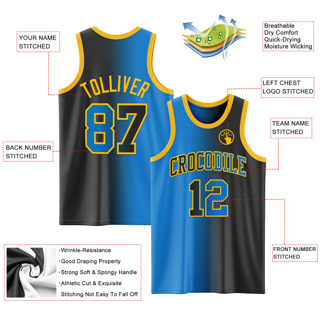 Custom Black Powder Blue-Gold Authentic Gradient Fashion Basketball Jersey