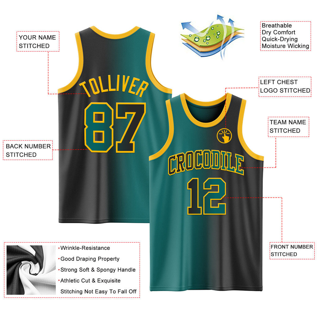 Custom Black Teal-Gold Authentic Gradient Fashion Basketball Jersey