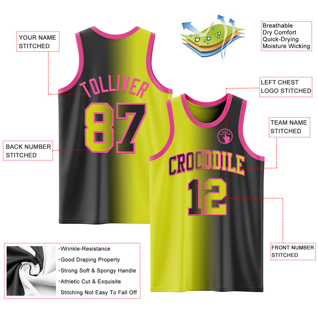 Custom Black Neon Yellow-Pink Authentic Gradient Fashion Basketball Jersey