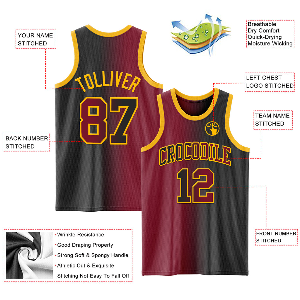 Custom Black Crimson-Gold Authentic Gradient Fashion Basketball Jersey