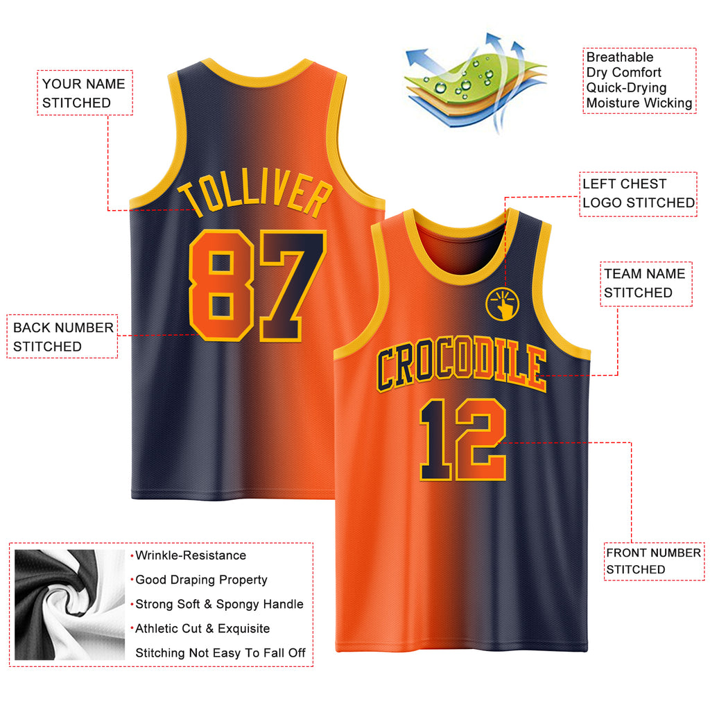 Custom Navy Orange-Gold Authentic Gradient Fashion Basketball Jersey