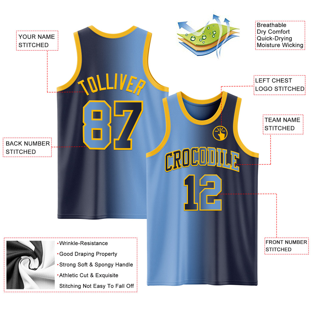 Custom Navy Light Blue-Gold Authentic Gradient Fashion Basketball Jersey