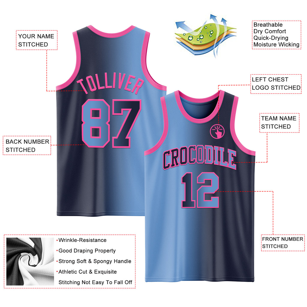 Custom Navy Light Blue-Pink Authentic Gradient Fashion Basketball Jersey