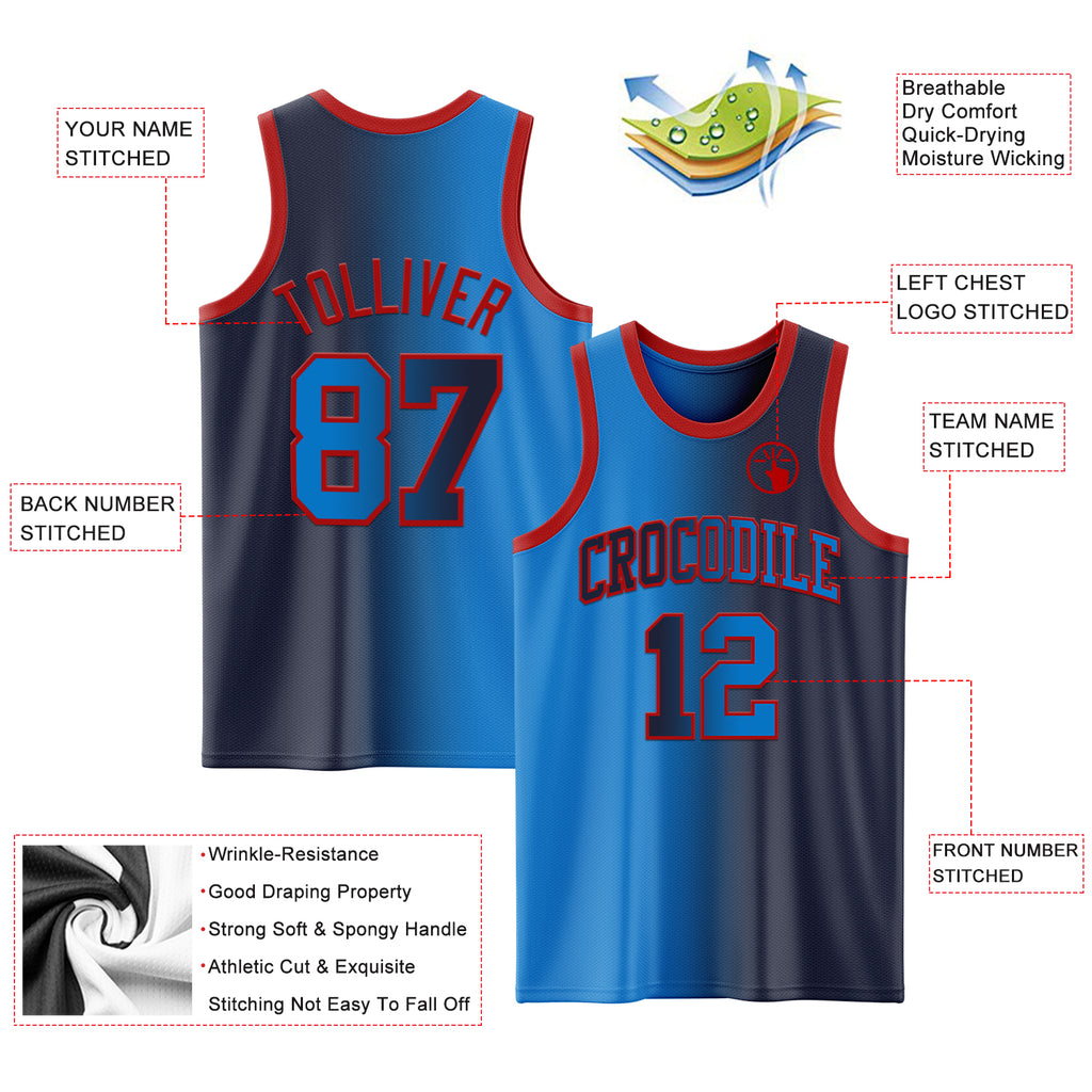 Custom Navy Powder Blue-Red Authentic Gradient Fashion Basketball Jersey