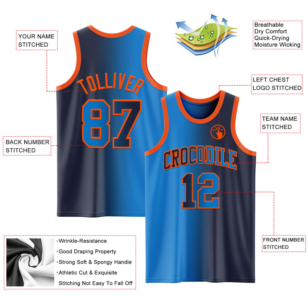 Custom Navy Powder Blue-Orange Authentic Gradient Fashion Basketball Jersey