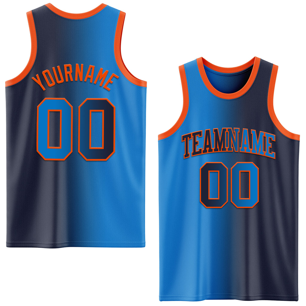 Custom Navy Powder Blue-Orange Authentic Gradient Fashion Basketball Jersey