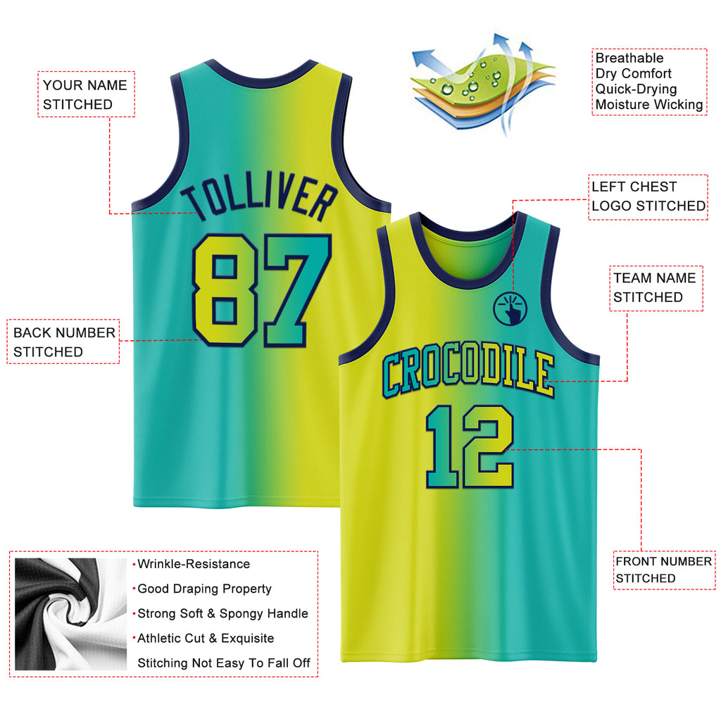 Custom Aqua Neon Yellow-Navy Authentic Gradient Fashion Basketball Jersey