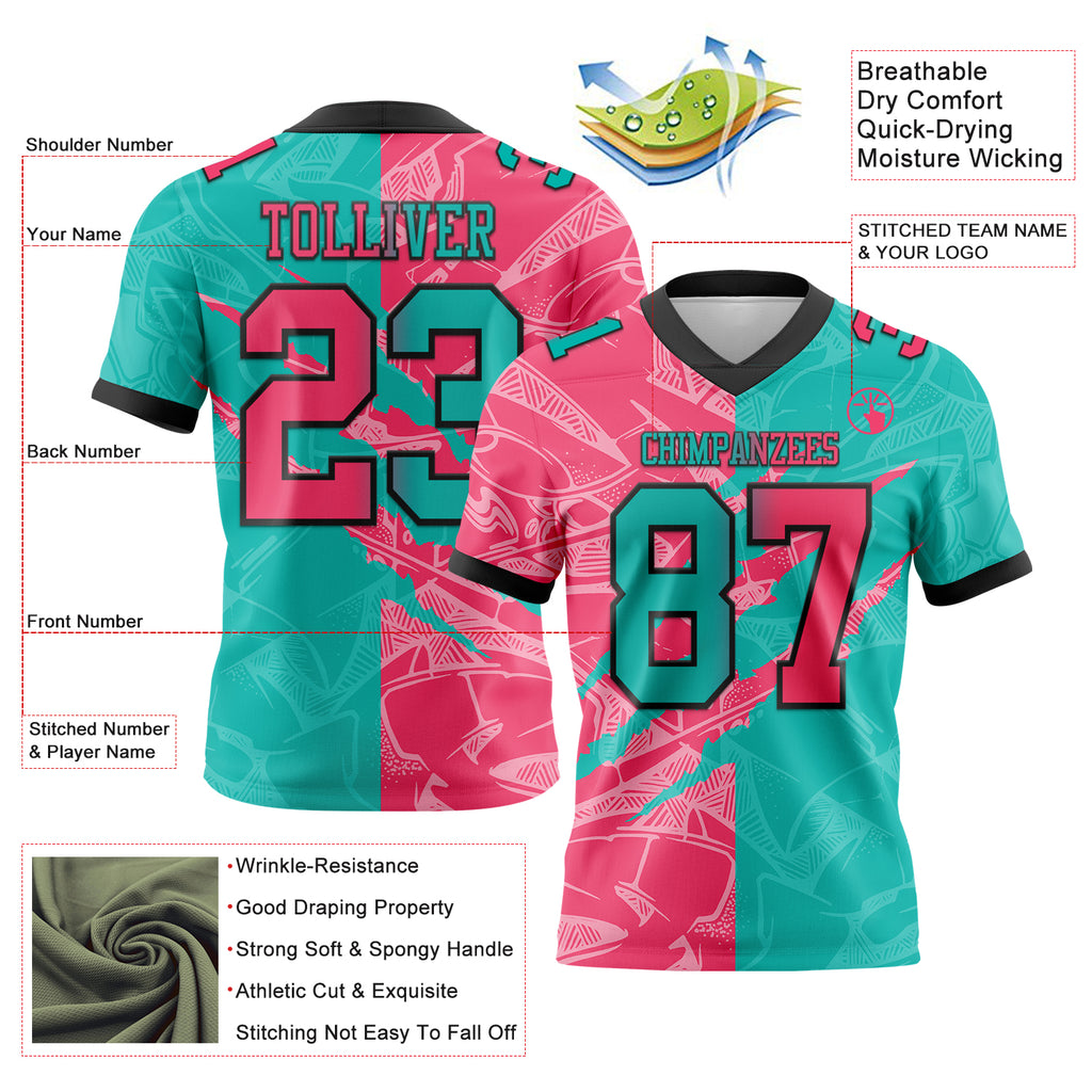 Custom Aqua Neon Pink-Black Mesh Authentic Gradient Fashion Scratch Football Jersey