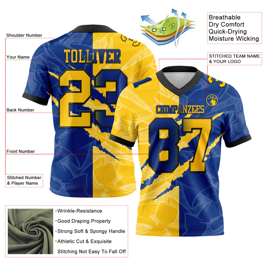 Custom Royal Yellow-Black Mesh Authentic Gradient Fashion Scratch Football Jersey