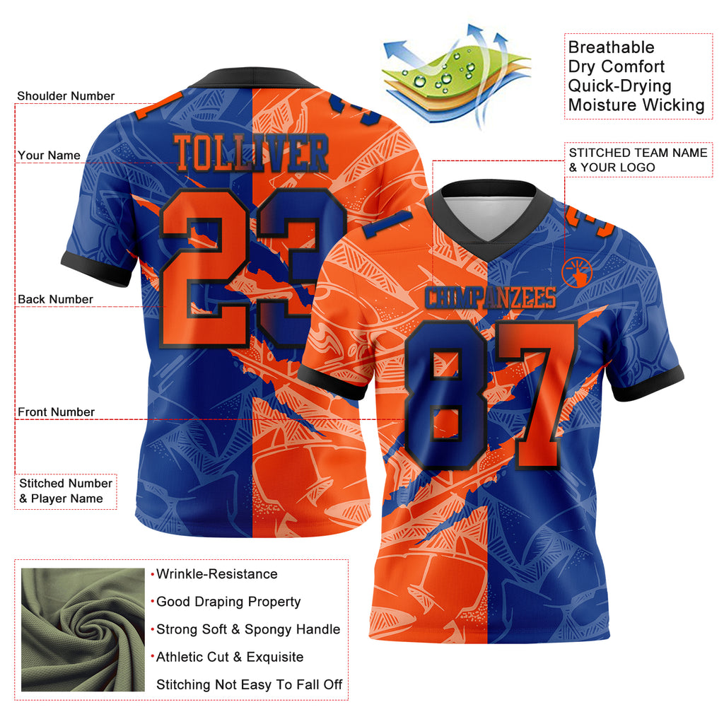 Custom Royal Orange-Black Mesh Authentic Gradient Fashion Scratch Football Jersey