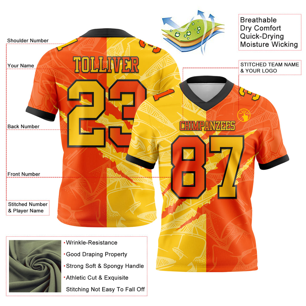 Custom Orange Yellow-Black Mesh Authentic Gradient Fashion Scratch Football Jersey