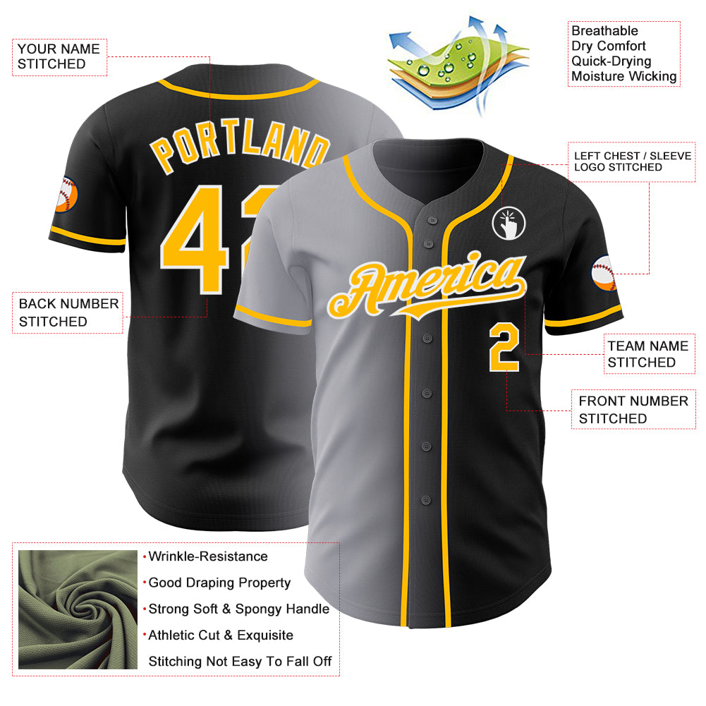 Custom Black Gold Gray-White Authentic Gradient Fashion Baseball Jersey
