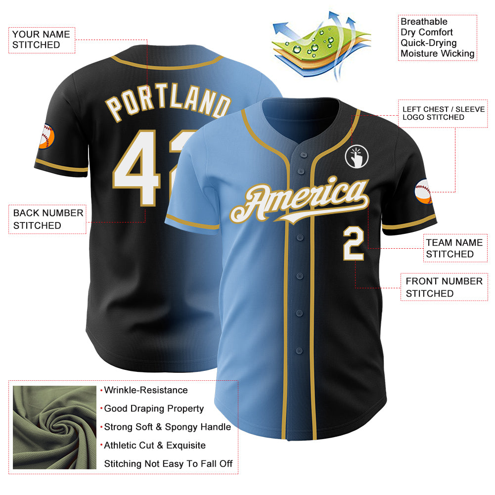 Custom Black White Light Blue-Old Gold Authentic Gradient Fashion Baseball Jersey