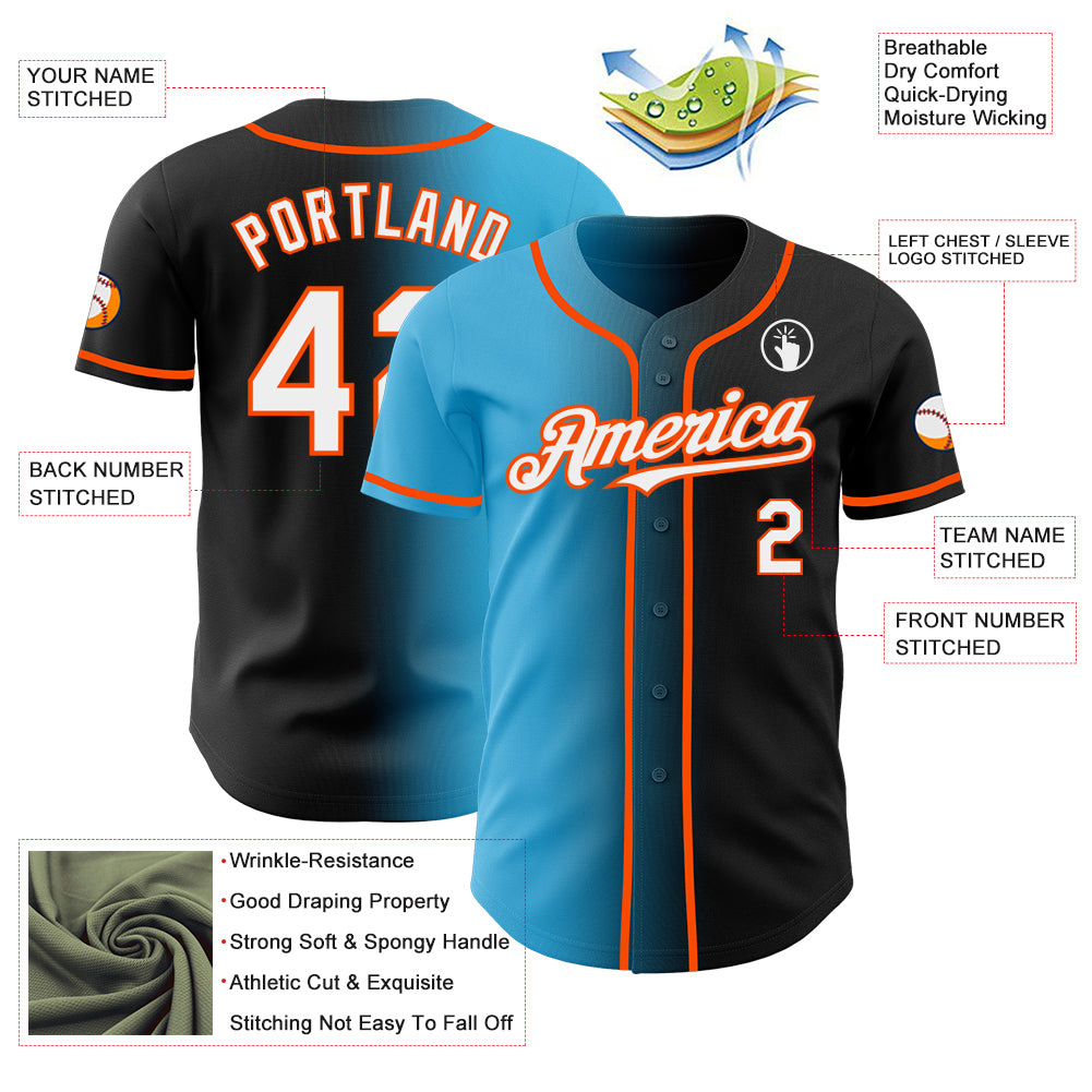 Custom Black White Sky Blue-Orange Authentic Gradient Fashion Baseball Jersey