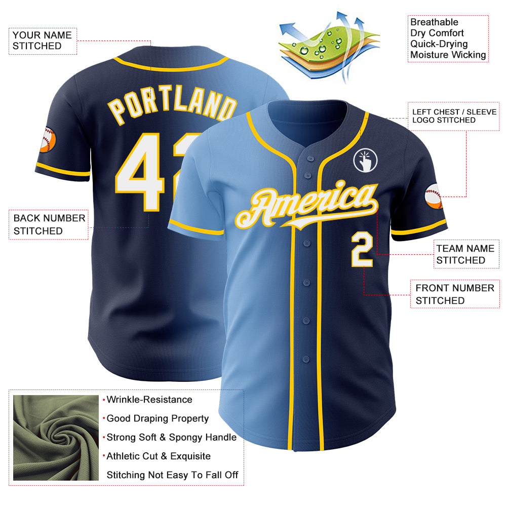 Custom Navy White Light Blue-Yellow Authentic Gradient Fashion Baseball Jersey
