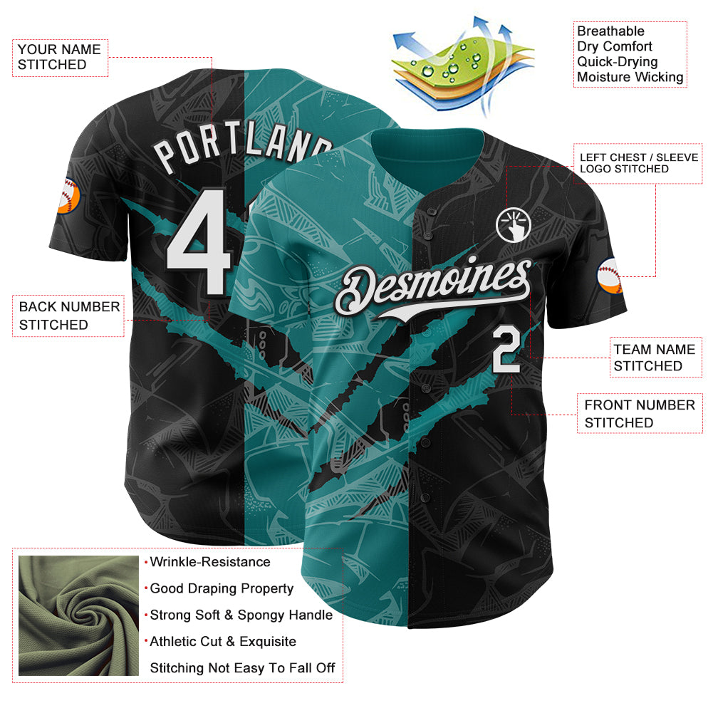 Custom Graffiti Pattern White Black-Teal 3D Scratch Authentic Baseball Jersey