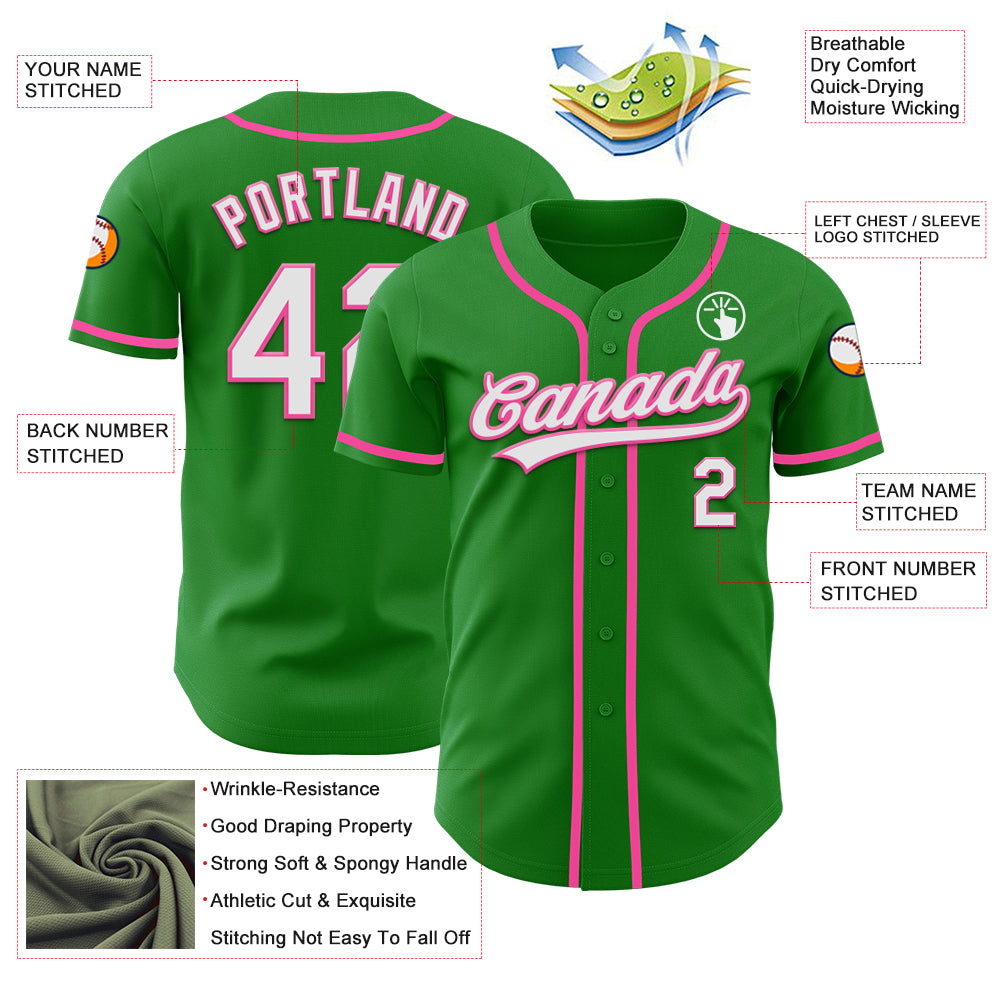 Custom Grass Green White-Pink Authentic Baseball Jersey