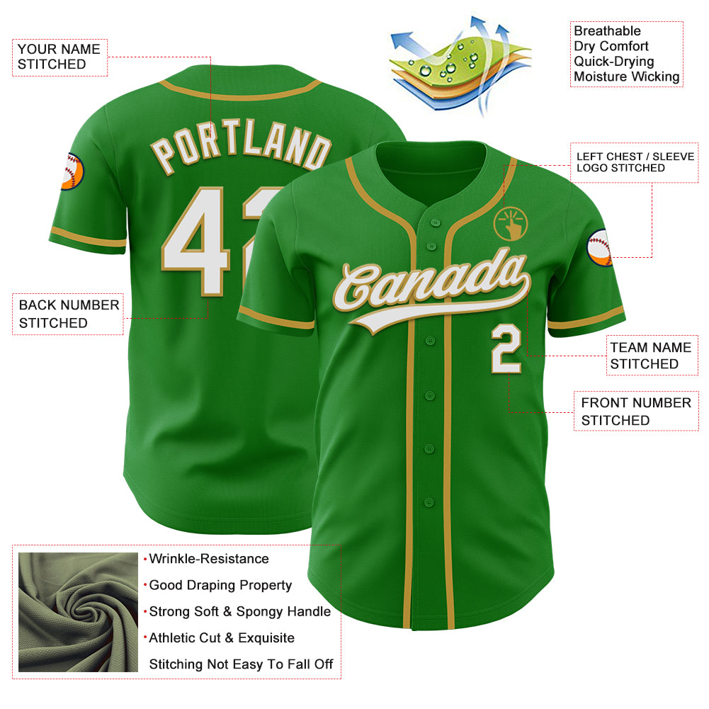 Custom Grass Green White-Old Gold Authentic Baseball Jersey