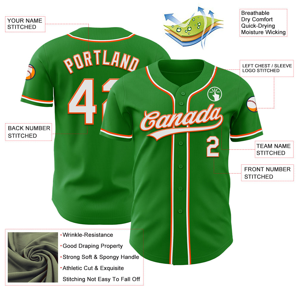 Custom Grass Green White-Orange Authentic Baseball Jersey