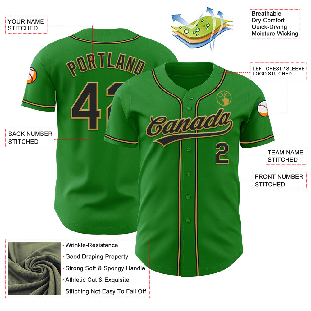 Custom Grass Green Black-Old Gold Authentic Baseball Jersey