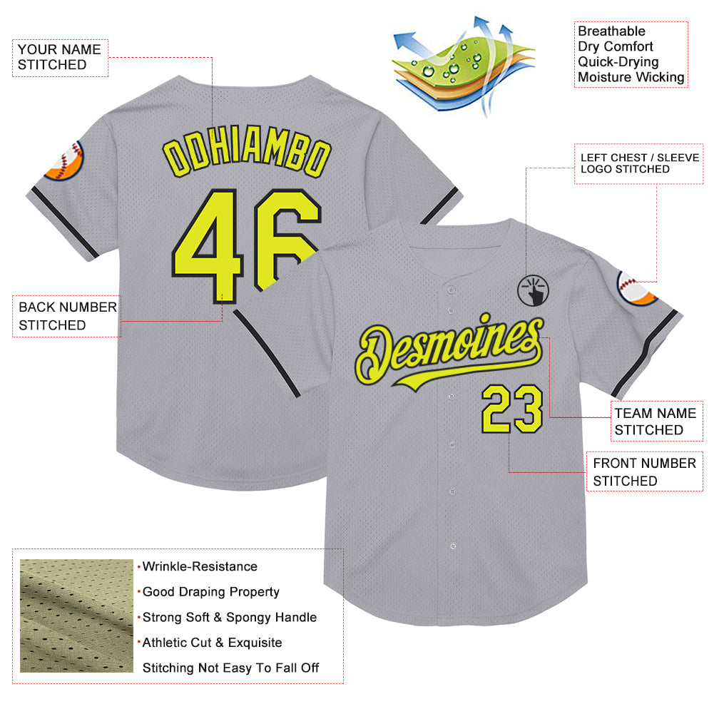 Custom Gray Neon Yellow-Black Mesh Authentic Throwback Baseball Jersey