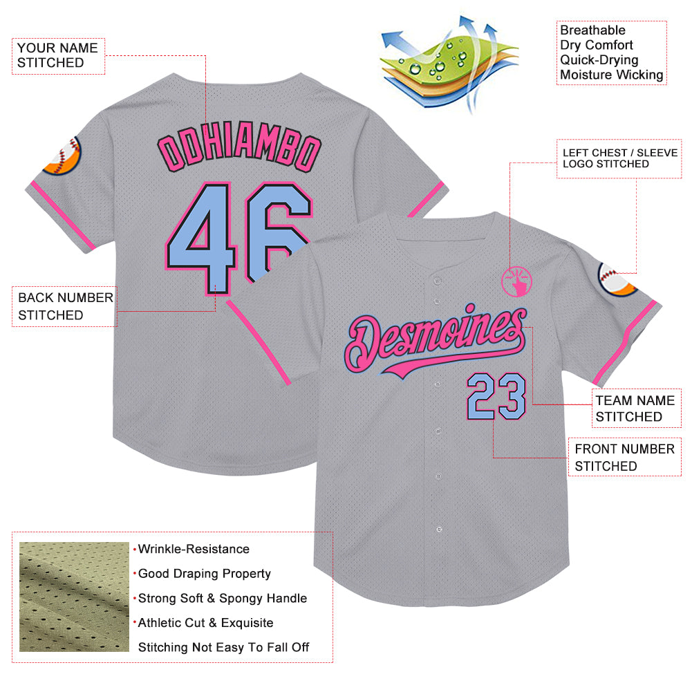 Custom Gray Light Blue Black-Pink Mesh Authentic Throwback Baseball Jersey