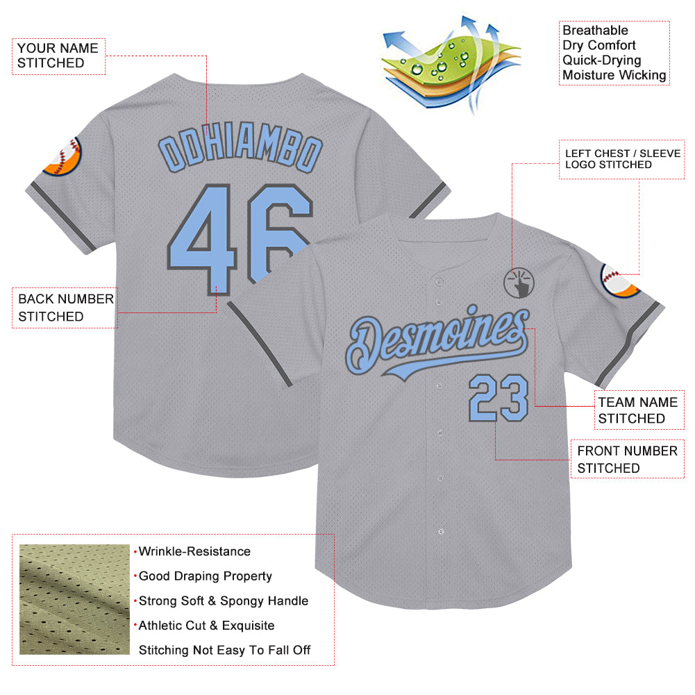 Custom Gray Light Blue-Steel Gray Mesh Authentic Throwback Baseball Jersey
