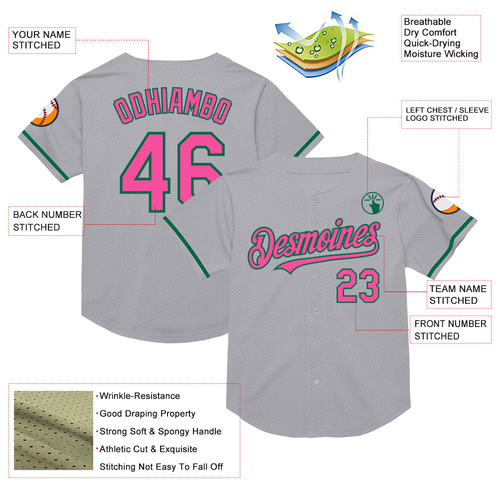 Custom Gray Pink-Kelly Green Mesh Authentic Throwback Baseball Jersey