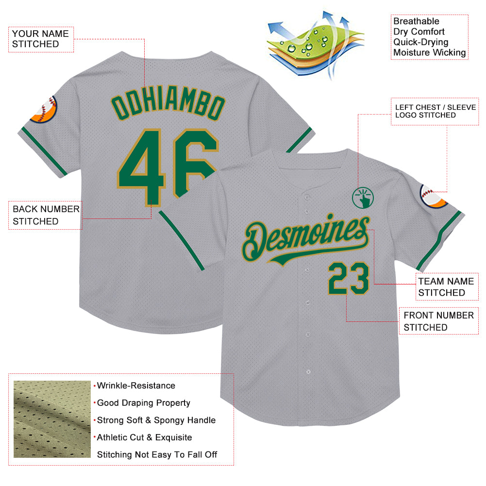 Custom Gray Kelly Green-Old Gold Mesh Authentic Throwback Baseball Jersey