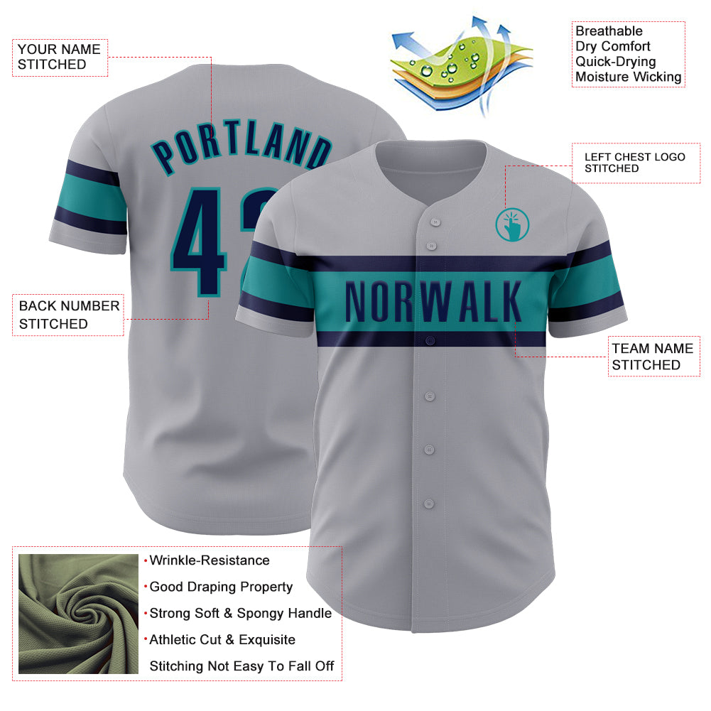 Custom Gray Navy-Teal Authentic Baseball Jersey