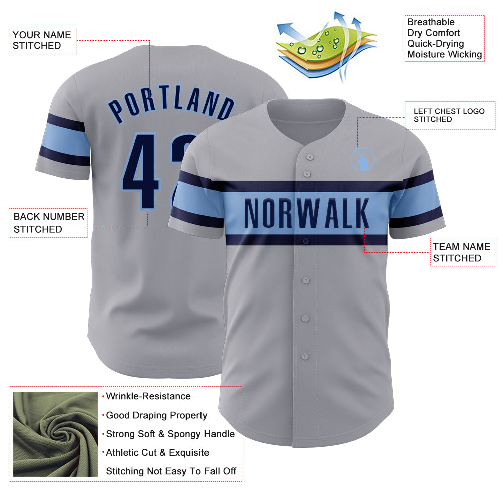 Custom Gray Navy-Light Blue Authentic Baseball Jersey