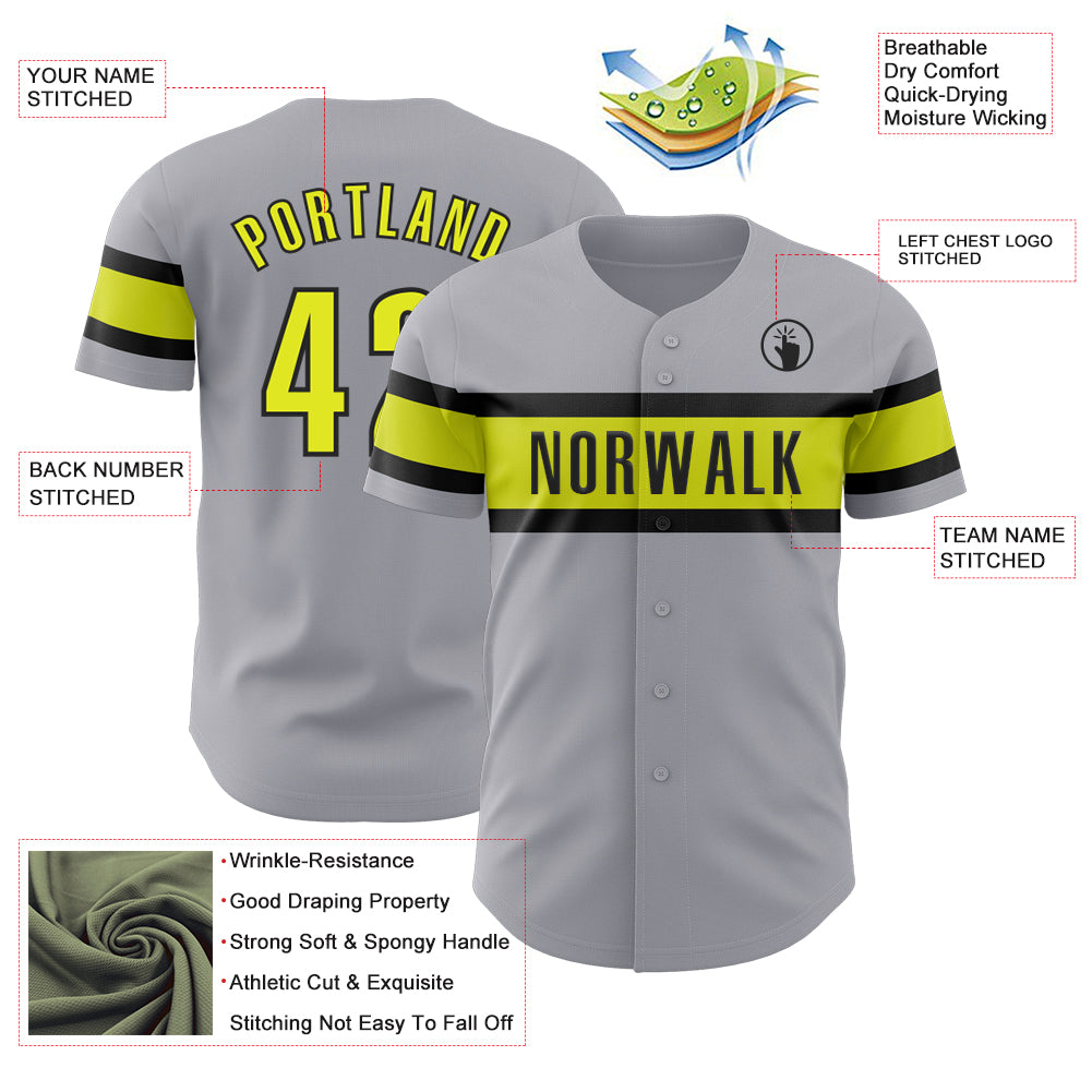 Custom Gray Neon Yellow-Black Authentic Baseball Jersey